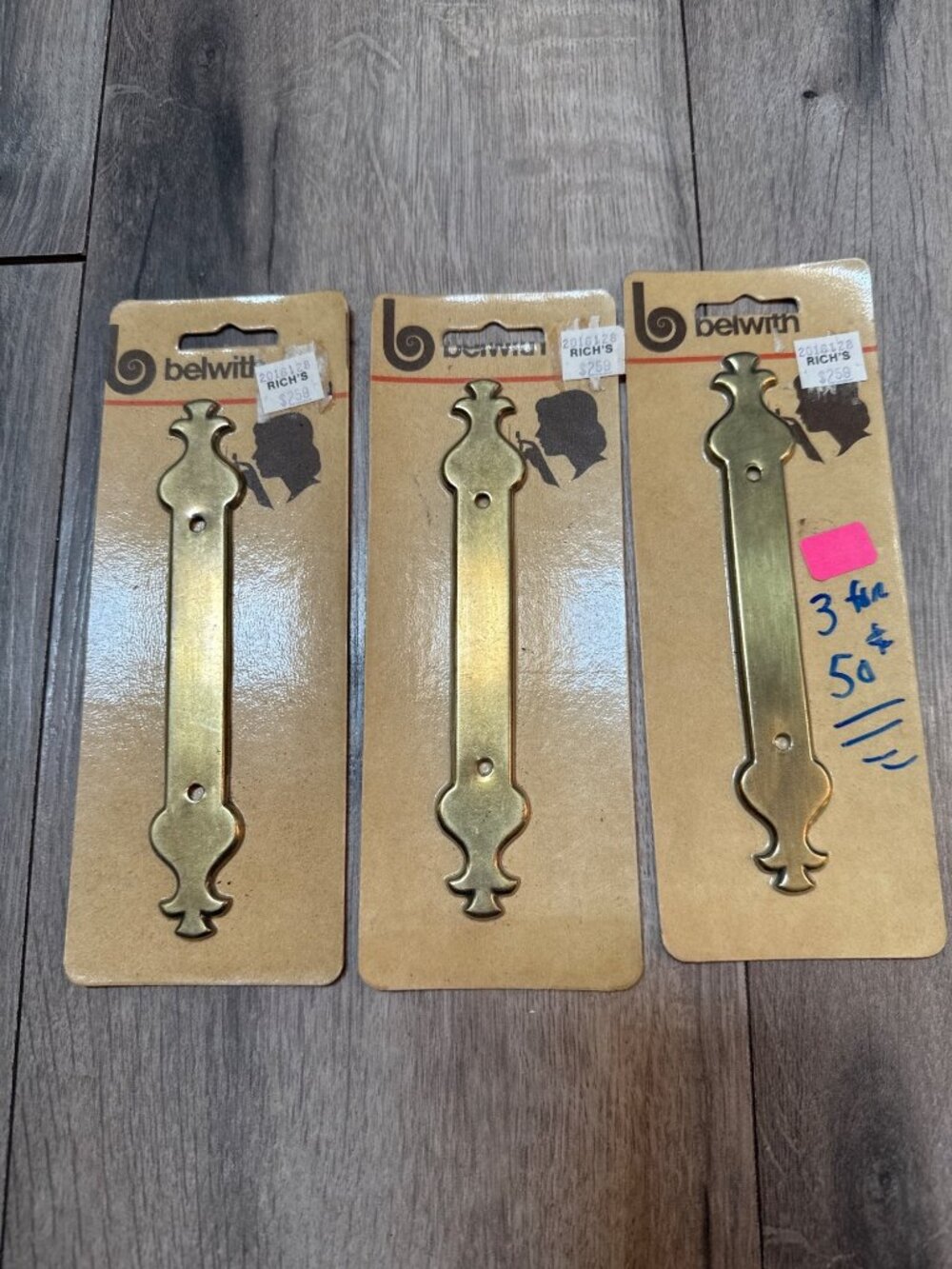 Belwith Brass Backplate Drawer Pull Hardware 7" Vintage Set Of 3 Made In USA